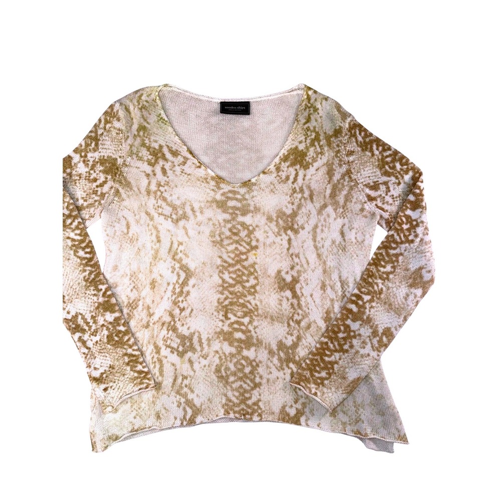 Wooden Ships Paola Buendia Tan Snakeskin V-Neck Knit Sweater Womens S/M